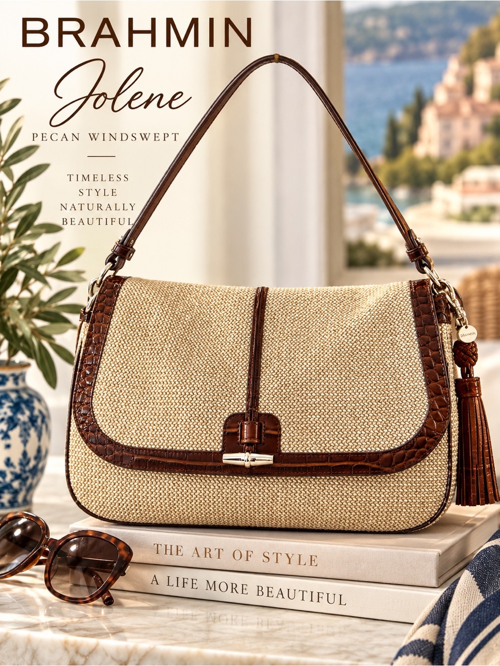 Brahmin Jolene Pecan Windswept Shoulder & Crossbody no Bag - Raffia & Leather